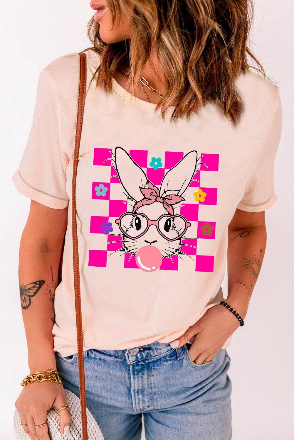 Easter Rabbit Checkered Flower T Shirt