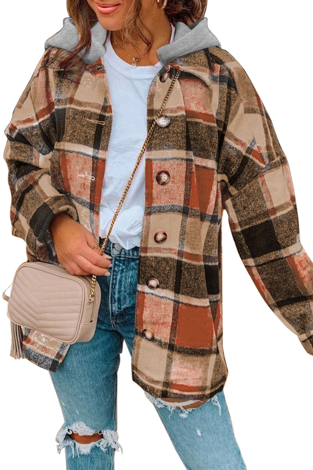 Green Hooded Plaid Button Front Shacket