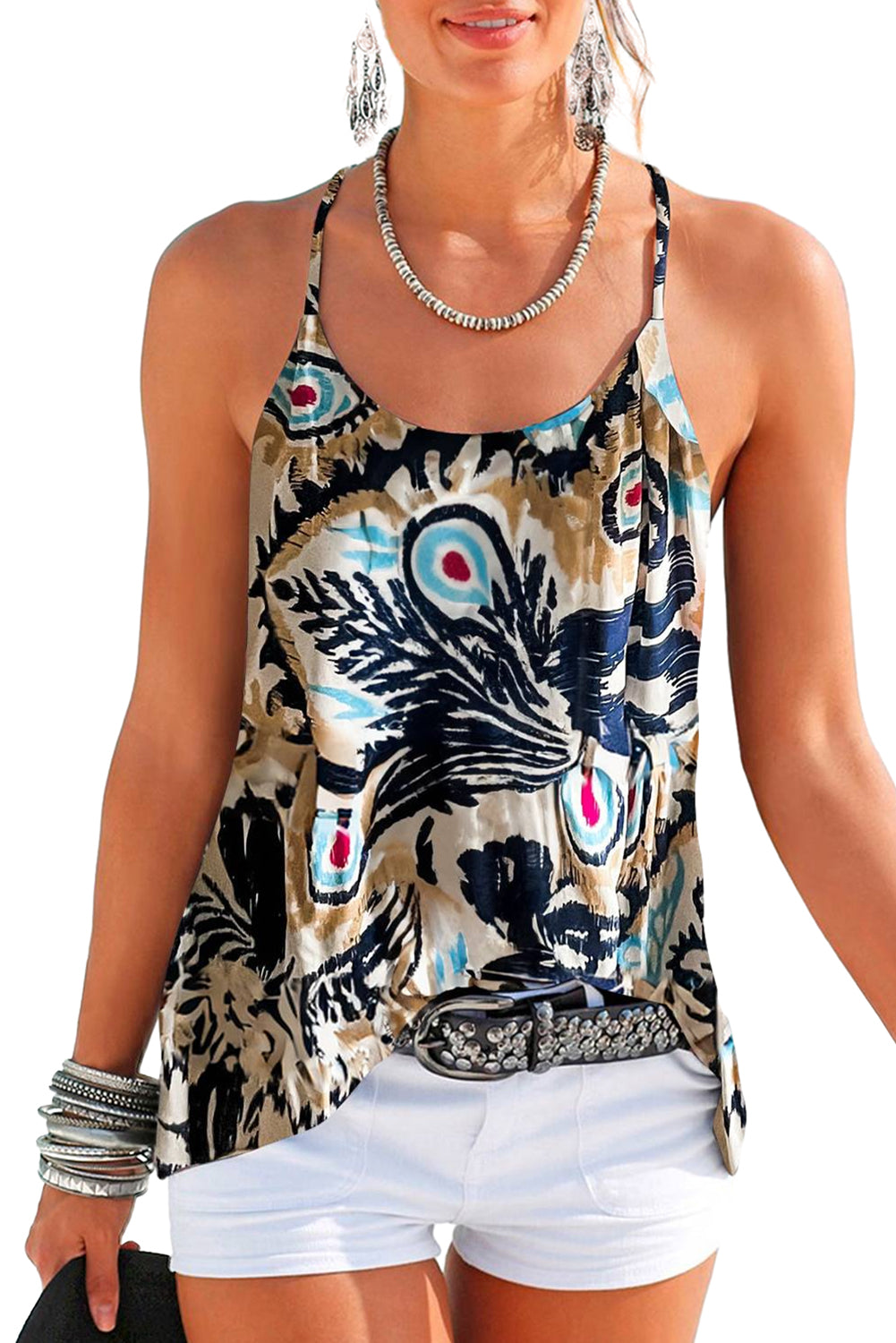 Black Floral Spaghetti Straps Strappy Back Tank Top