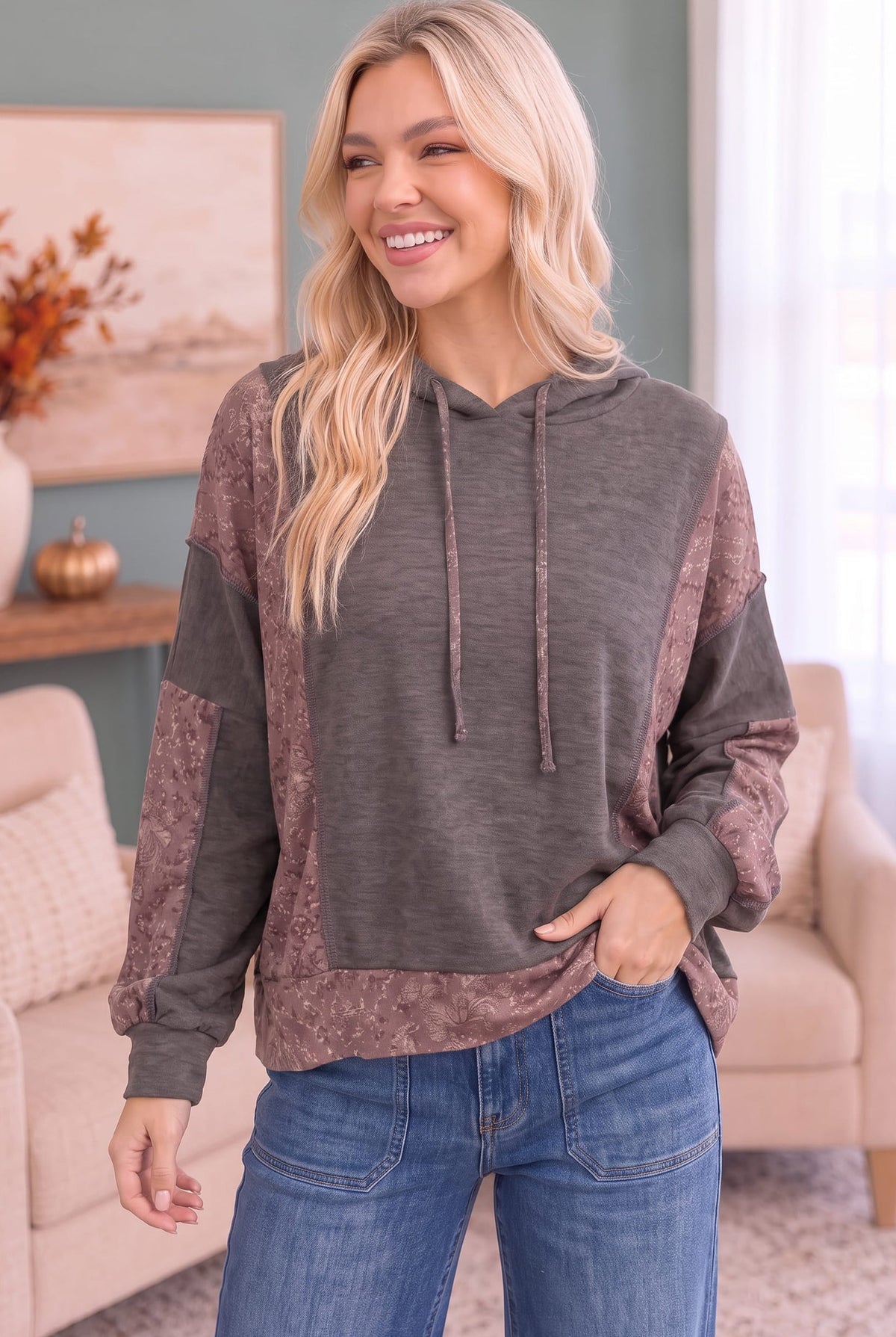 Mix and Match Patchwork Drawstring Hoodie