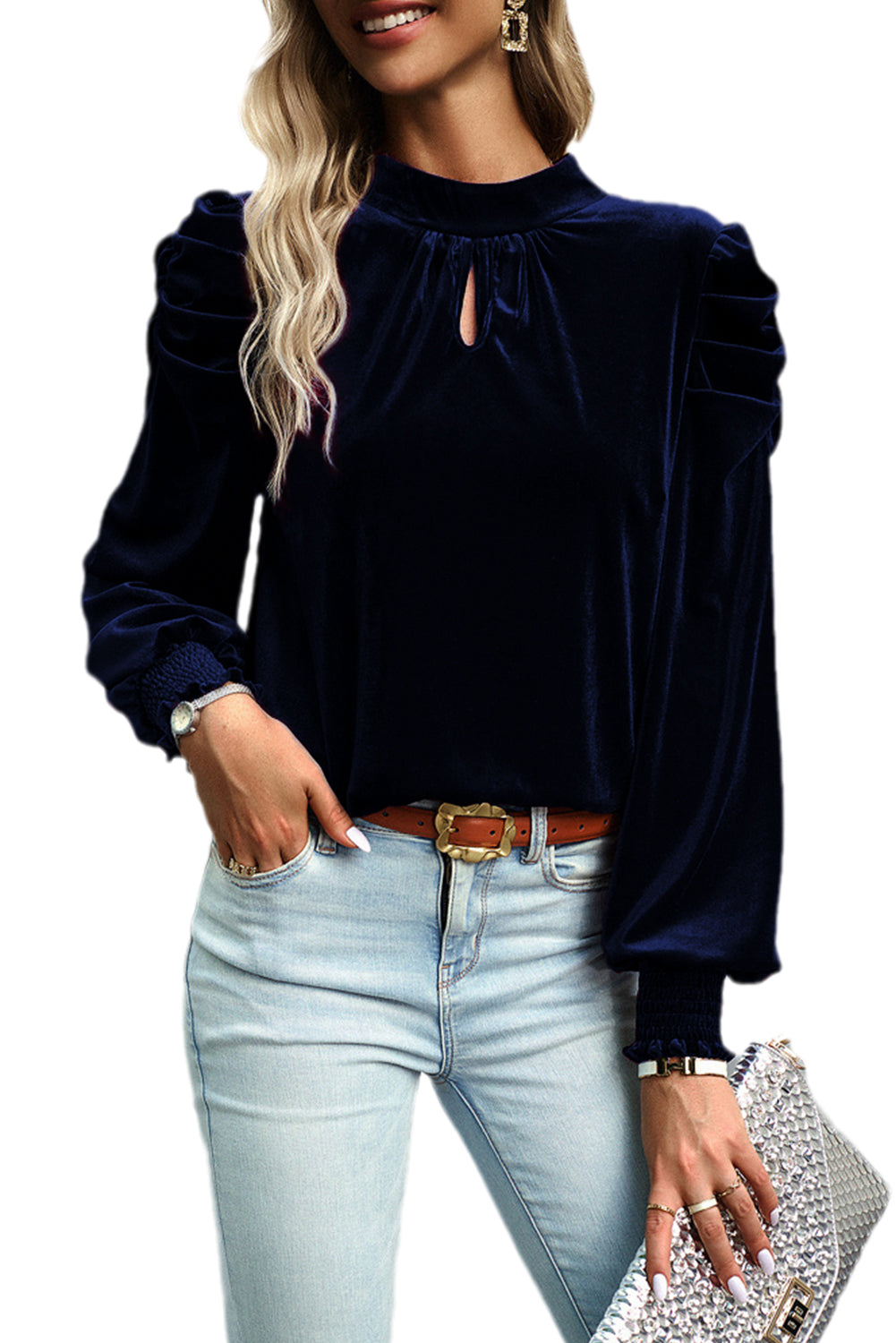 Blackish Green Mock Neck Puff Sleeve Velvet Blouse