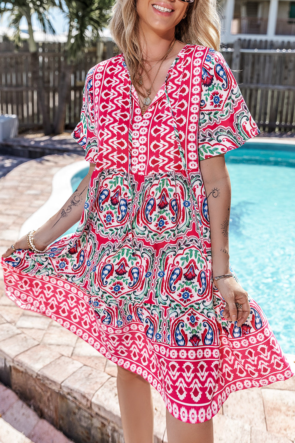 Orange Bohemian Print Tie Neck Ruffle Hem Short Dress