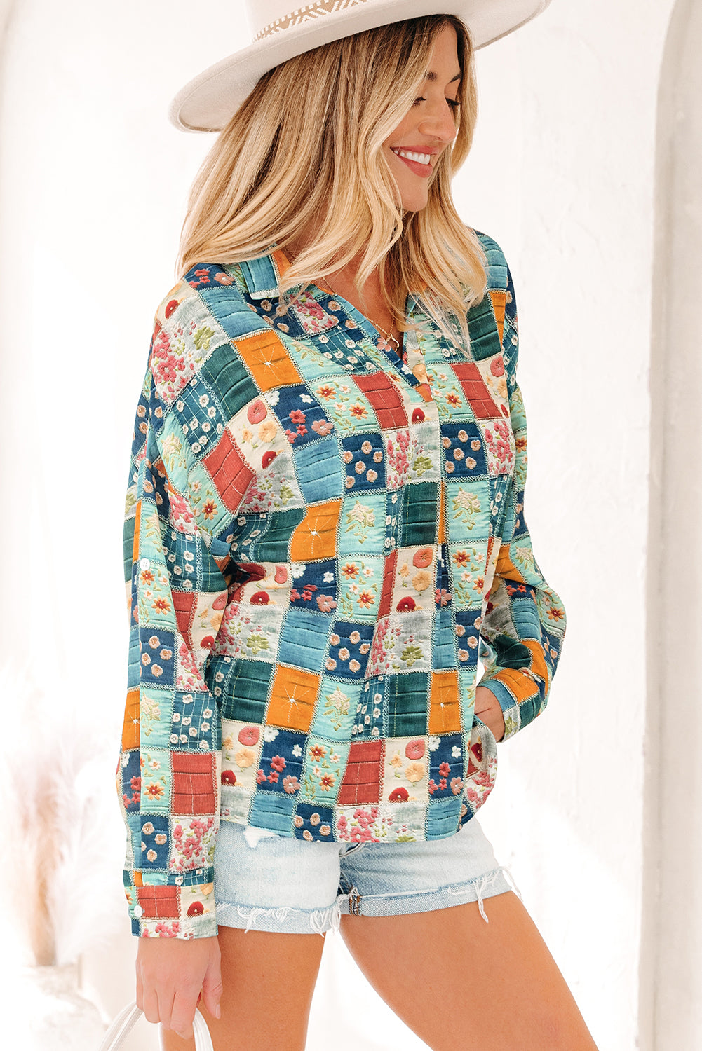 Blue Floral Collared V Neck Roll up Sleeve Shift Blouse