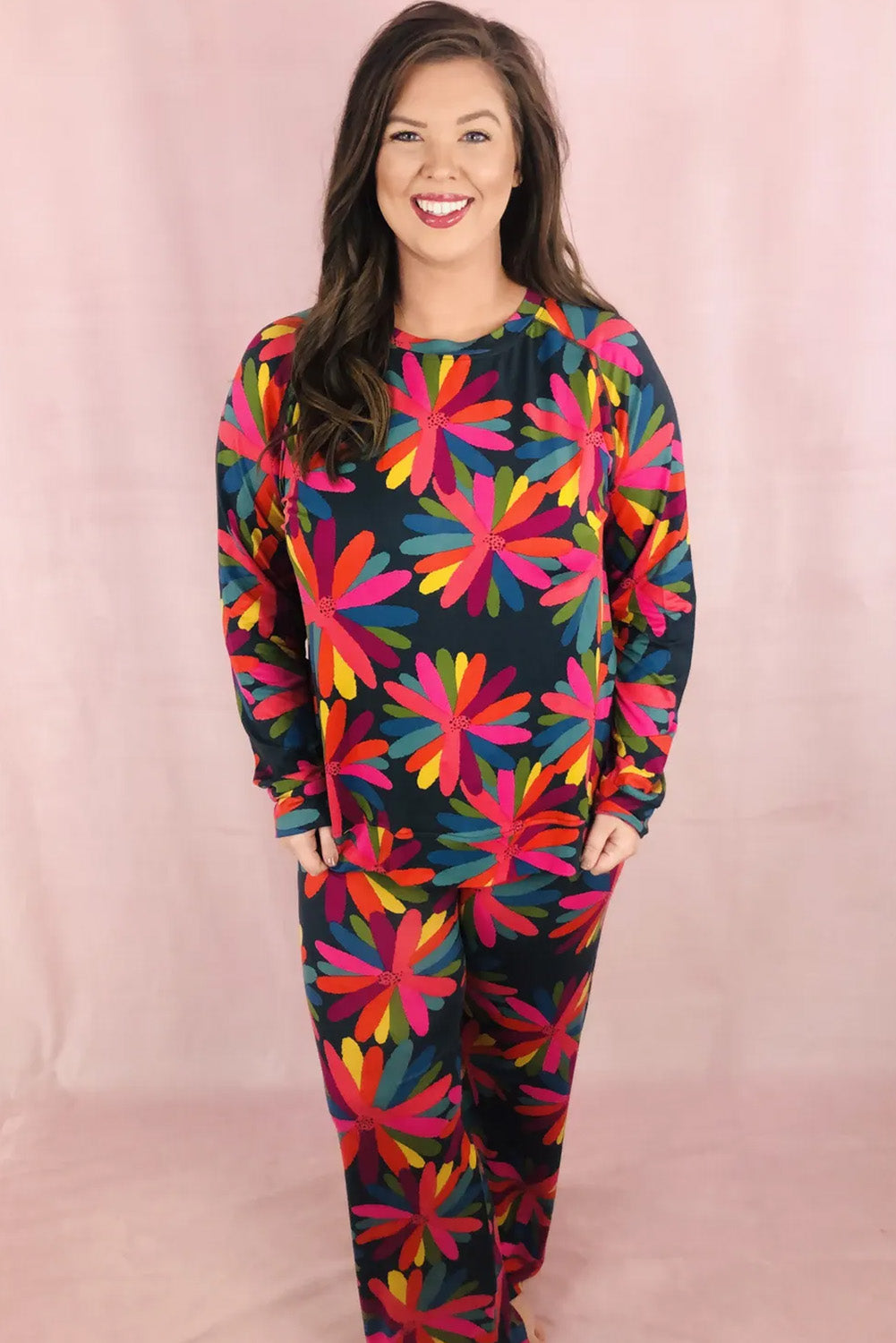 Green Plus Size Printed Long Sleeve and Pants Lounge Set