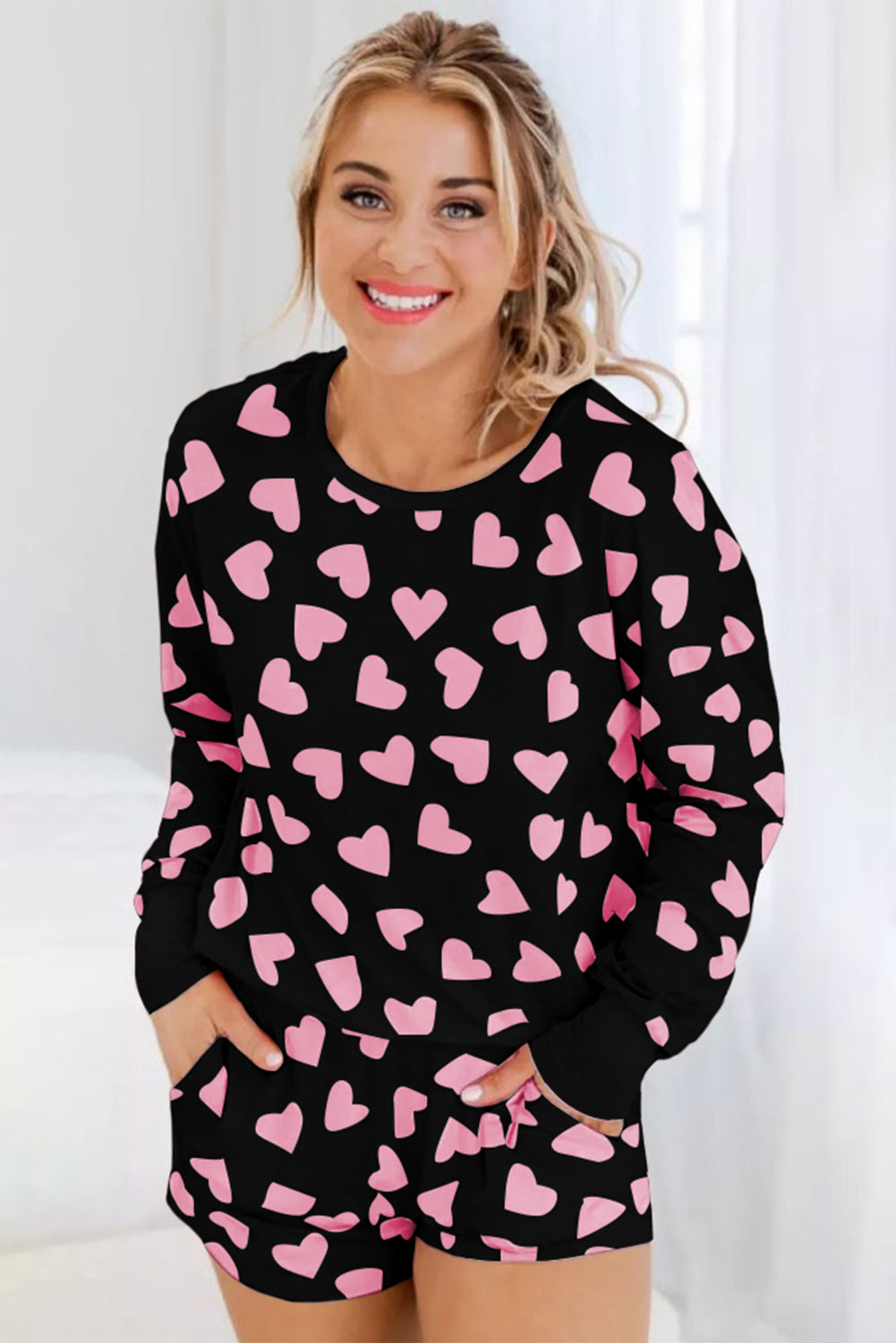 Valentine Heart Print Long Sleeve Top Shorts Lounge Set
