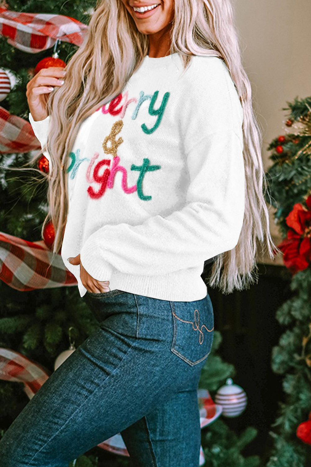 White Holly Jolly Round Neck Casual Sweater