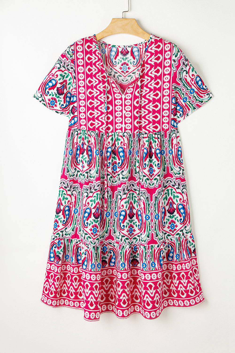Orange Bohemian Print Tie Neck Ruffle Hem Short Dress
