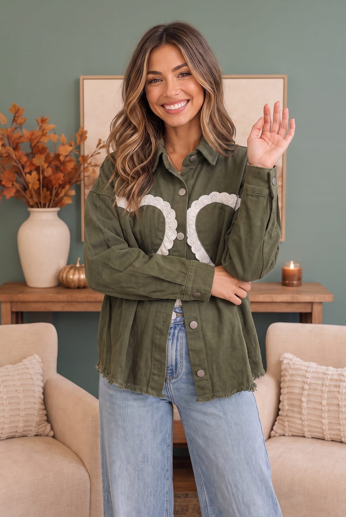 I Heart You Lace Applique Corduroy Shacket