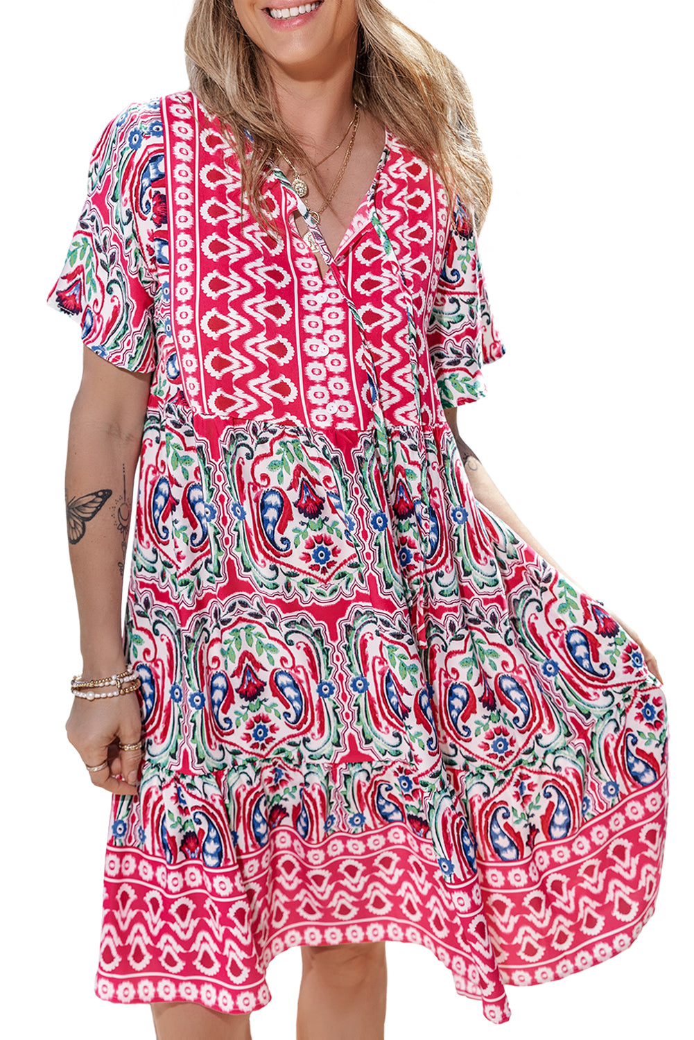 Orange Bohemian Print Tie Neck Ruffle Hem Short Dress