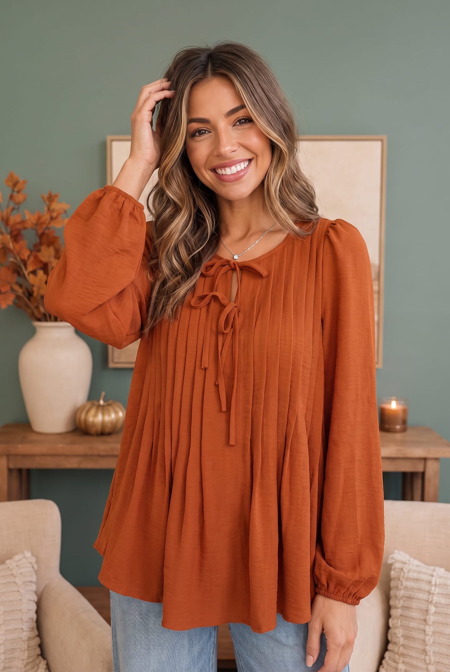 Sipping Apple Cider Tie Neck Blouse