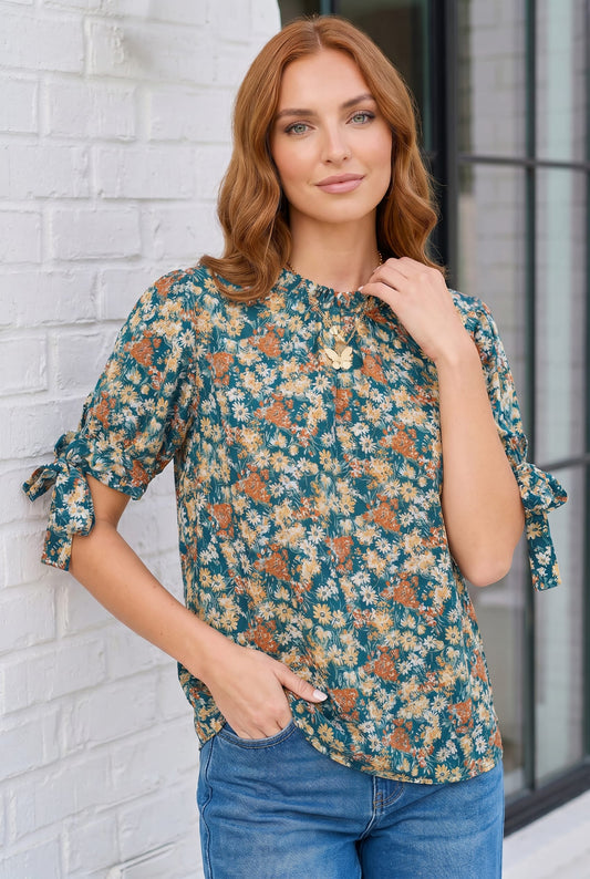 Teal Floral Tie Sleeve Blouse