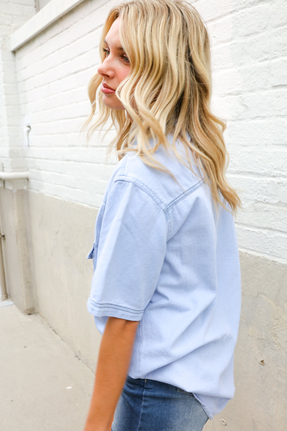 Casual Chic Blue Cotton Denim Snap Button Flap Pocket Top