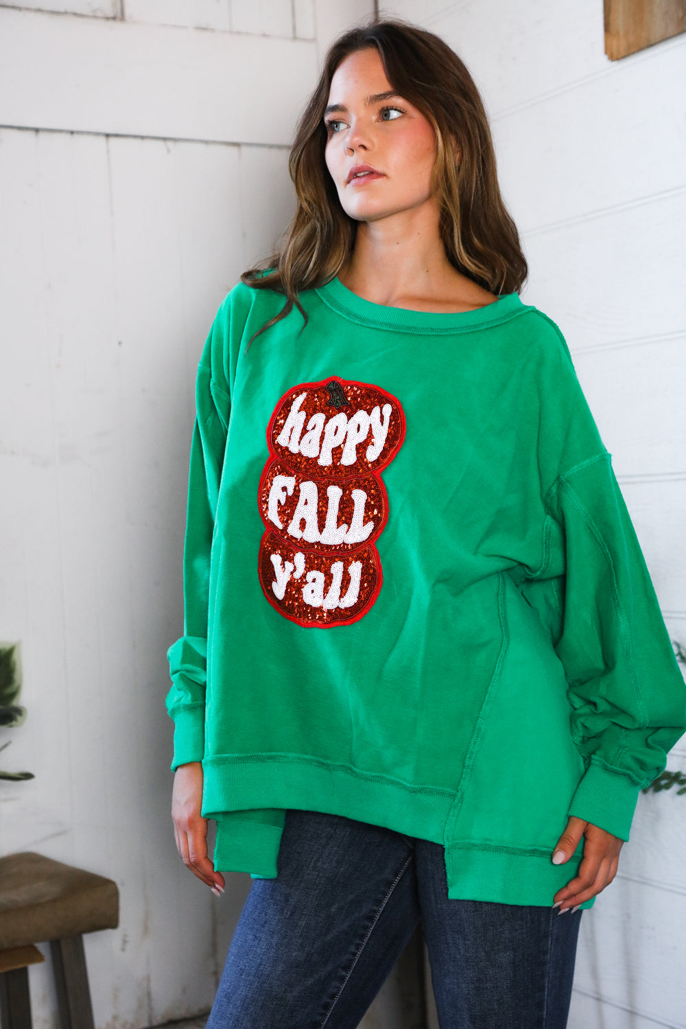 'Happy Fall Y'all' Kelly Green Sweater