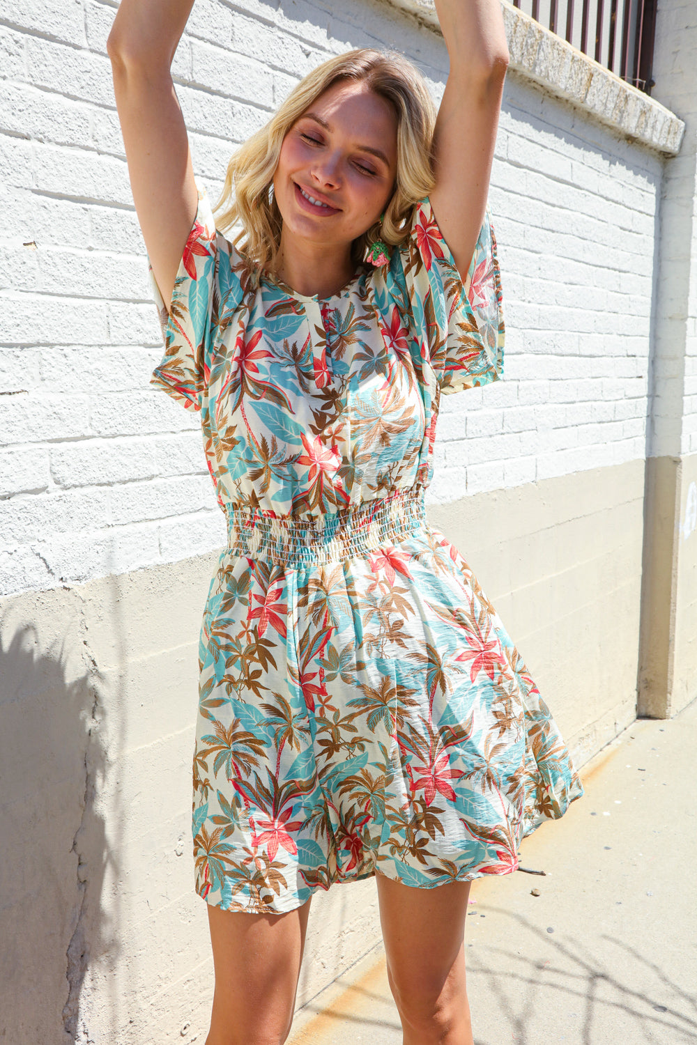Get Whimsical Tropical Print Smocked Waist Neck Button Romper