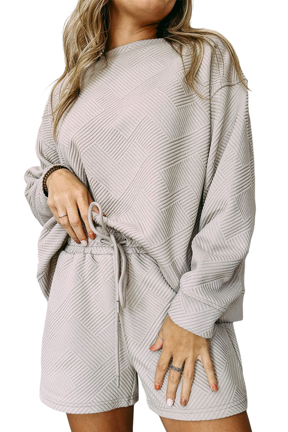 Gray 2pcs Solid Textured Drawstring Shorts Set