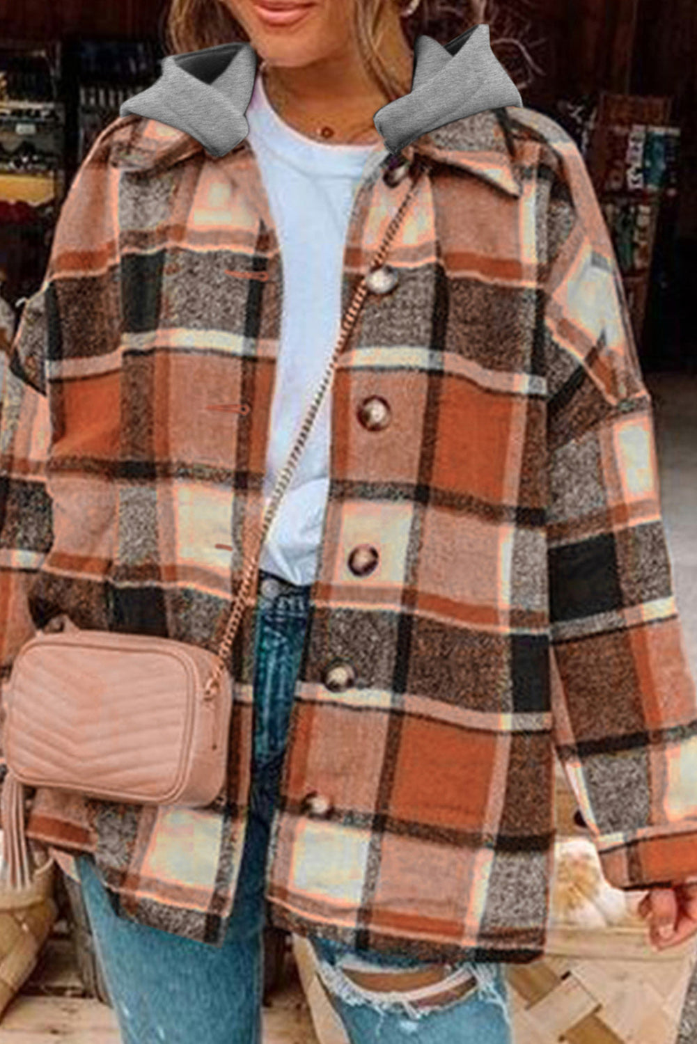Green Hooded Plaid Button Front Shacket