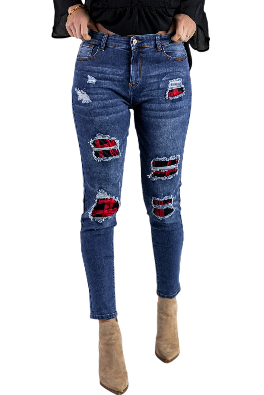 Blue Floral Patch Destroyed Skinny Jeans