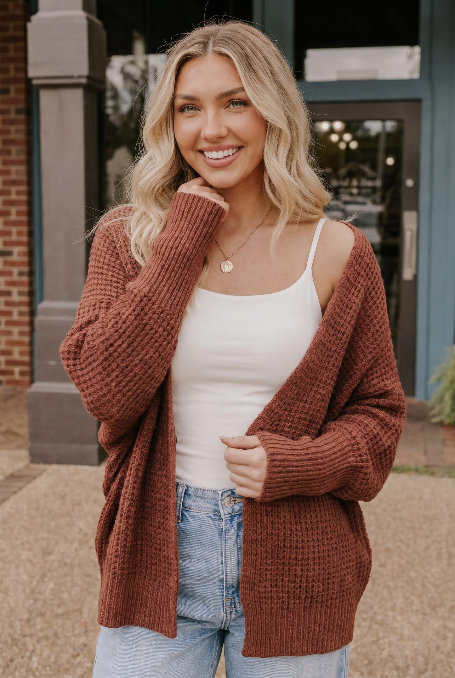 Cozy Button Front Waffle Knit Cardigan in Rust