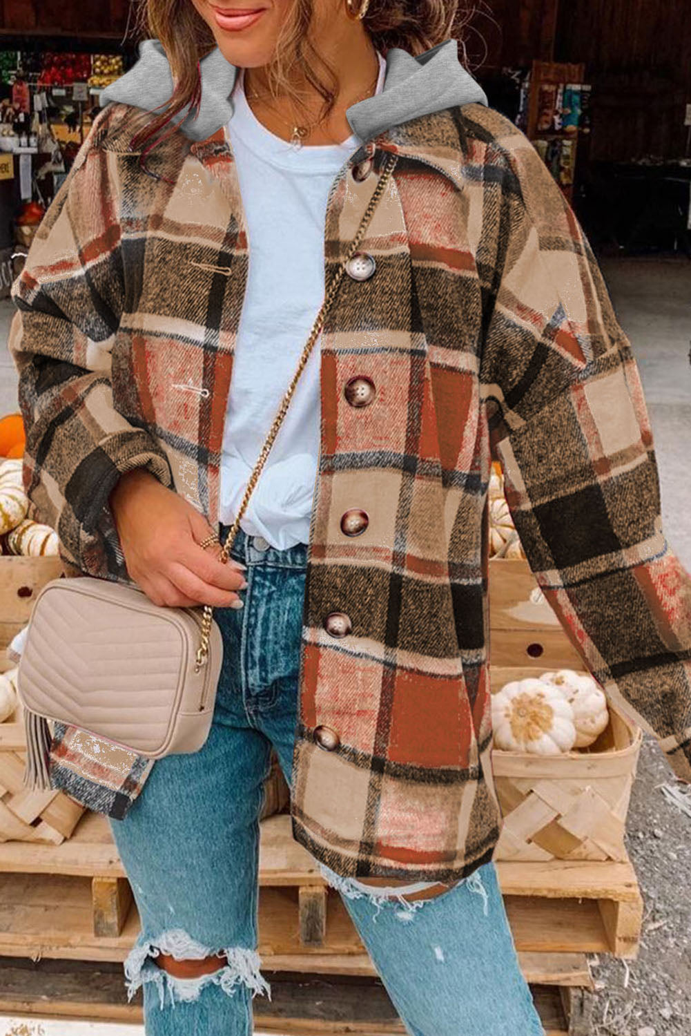 Green Hooded Plaid Button Front Shacket