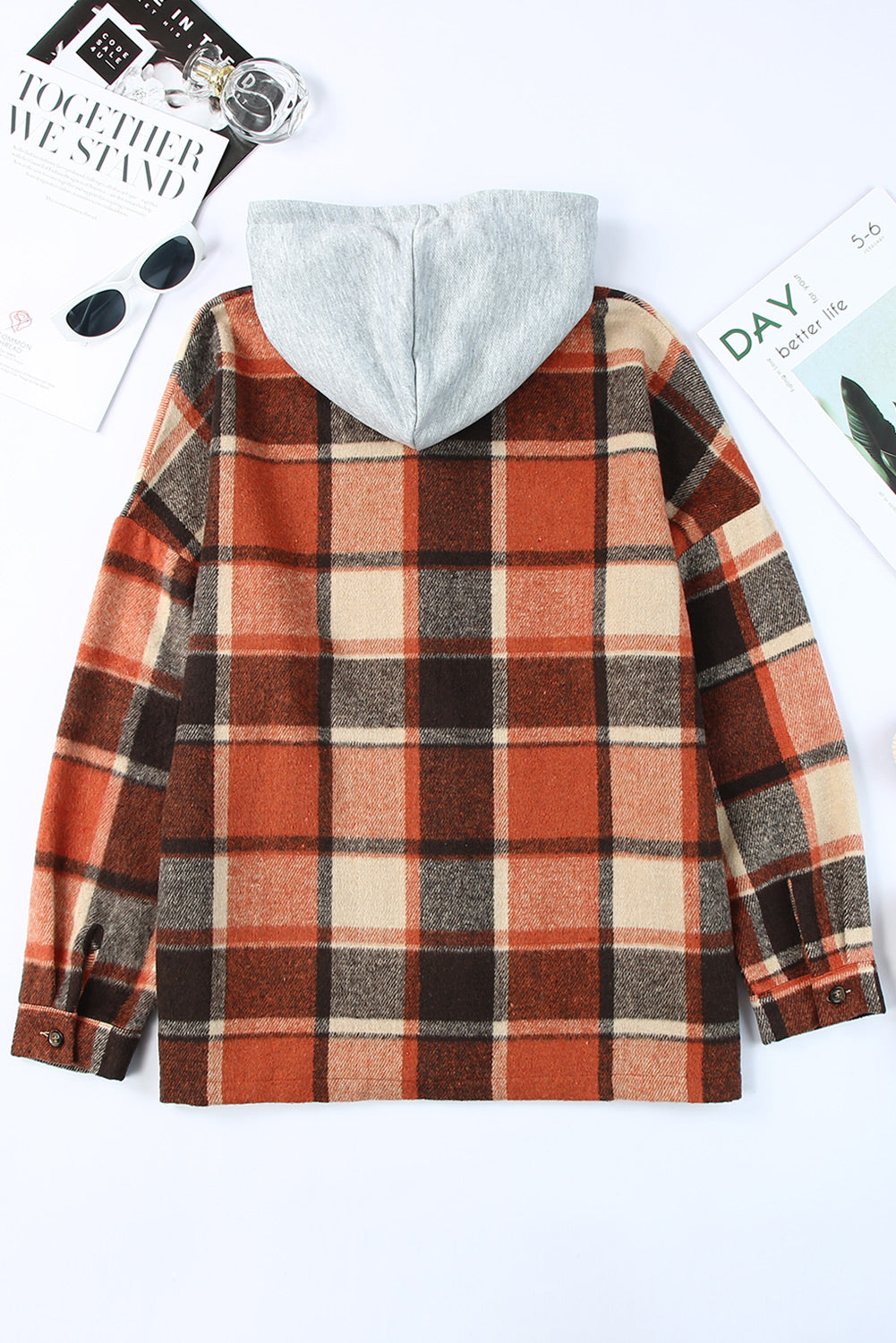 Green Hooded Plaid Button Front Shacket
