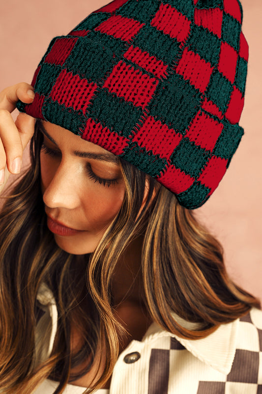 Black Two Tone Checkered Folded Eaveless Beanie Cap