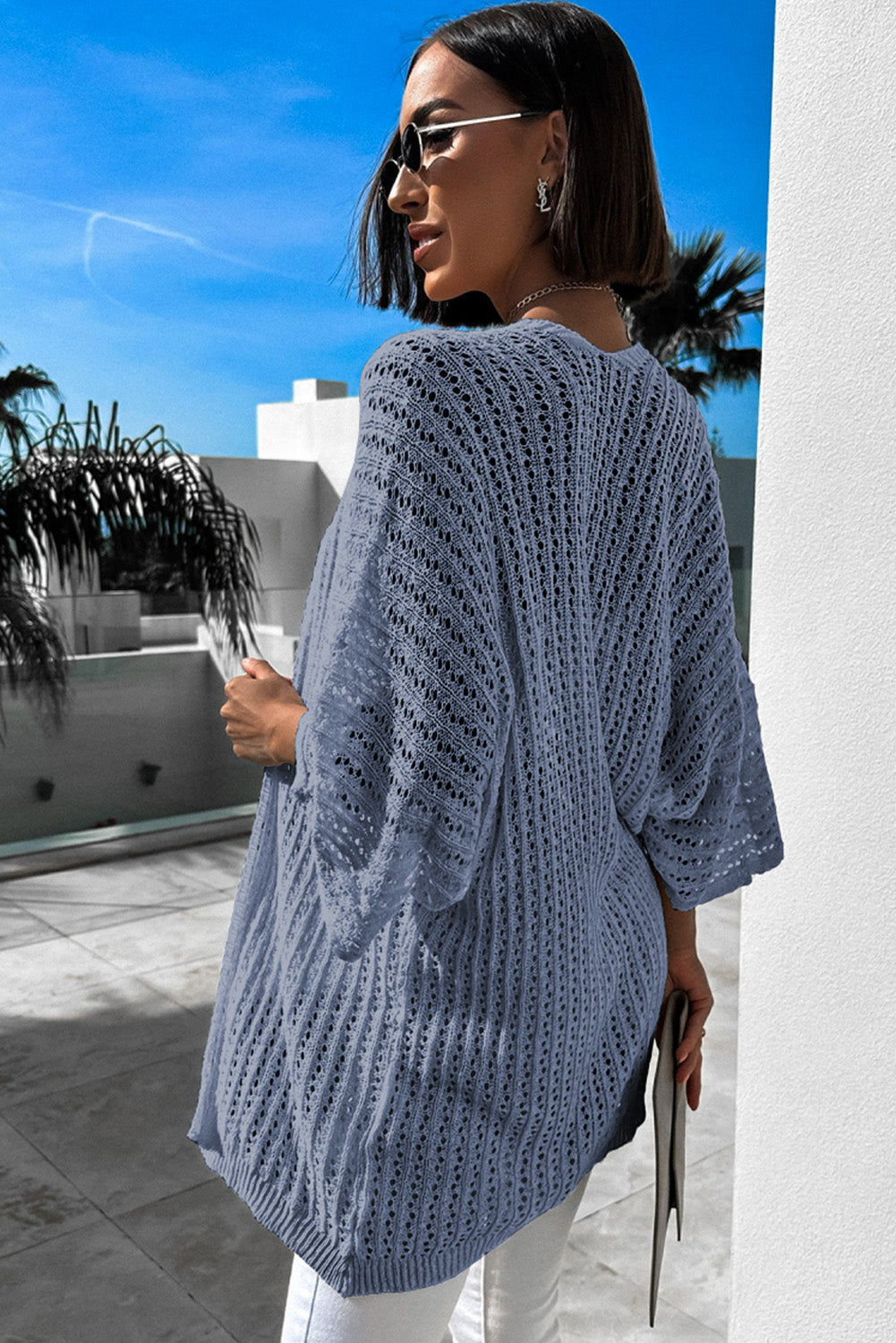 White Hollow-out Knit Kimono Lightweight Cardigan