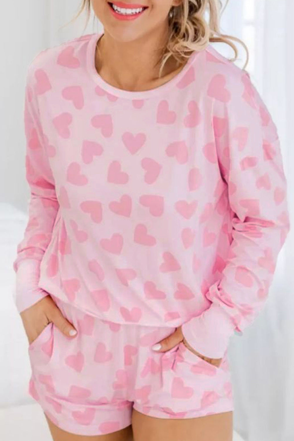 Valentine Heart Print Long Sleeve Top Shorts Lounge Set