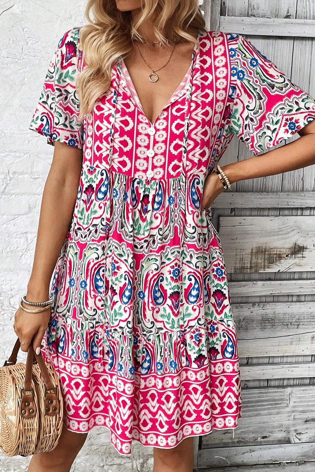 Orange Bohemian Print Tie Neck Ruffle Hem Short Dress