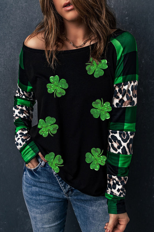 Black Sequin Clover Plaid & Leopard Sleeve Top