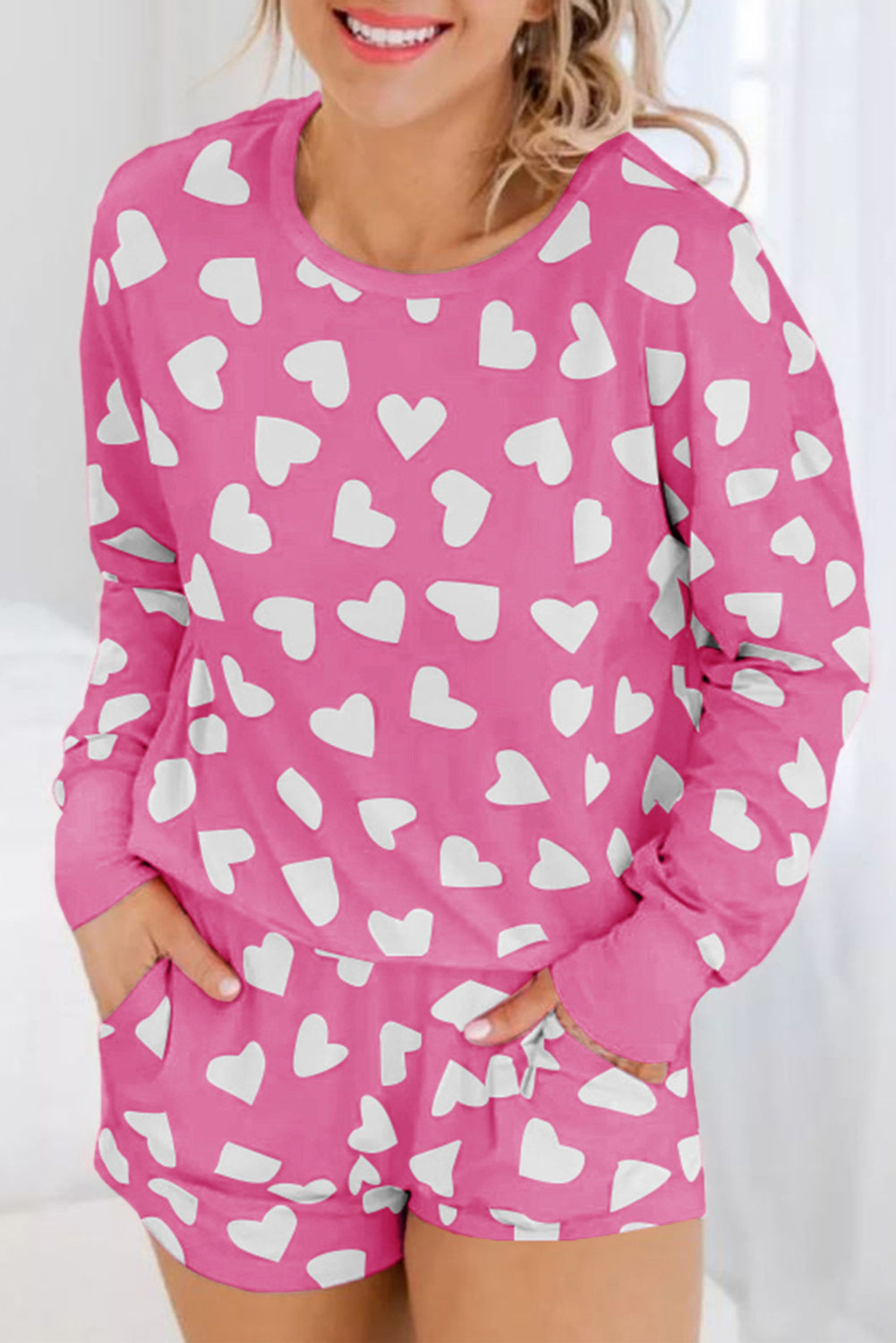 Valentine Heart Print Long Sleeve Top Shorts Lounge Set