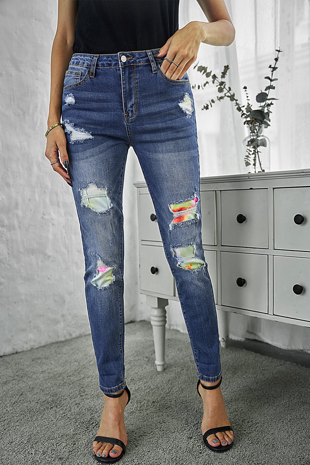 Blue Floral Patch Destroyed Skinny Jeans
