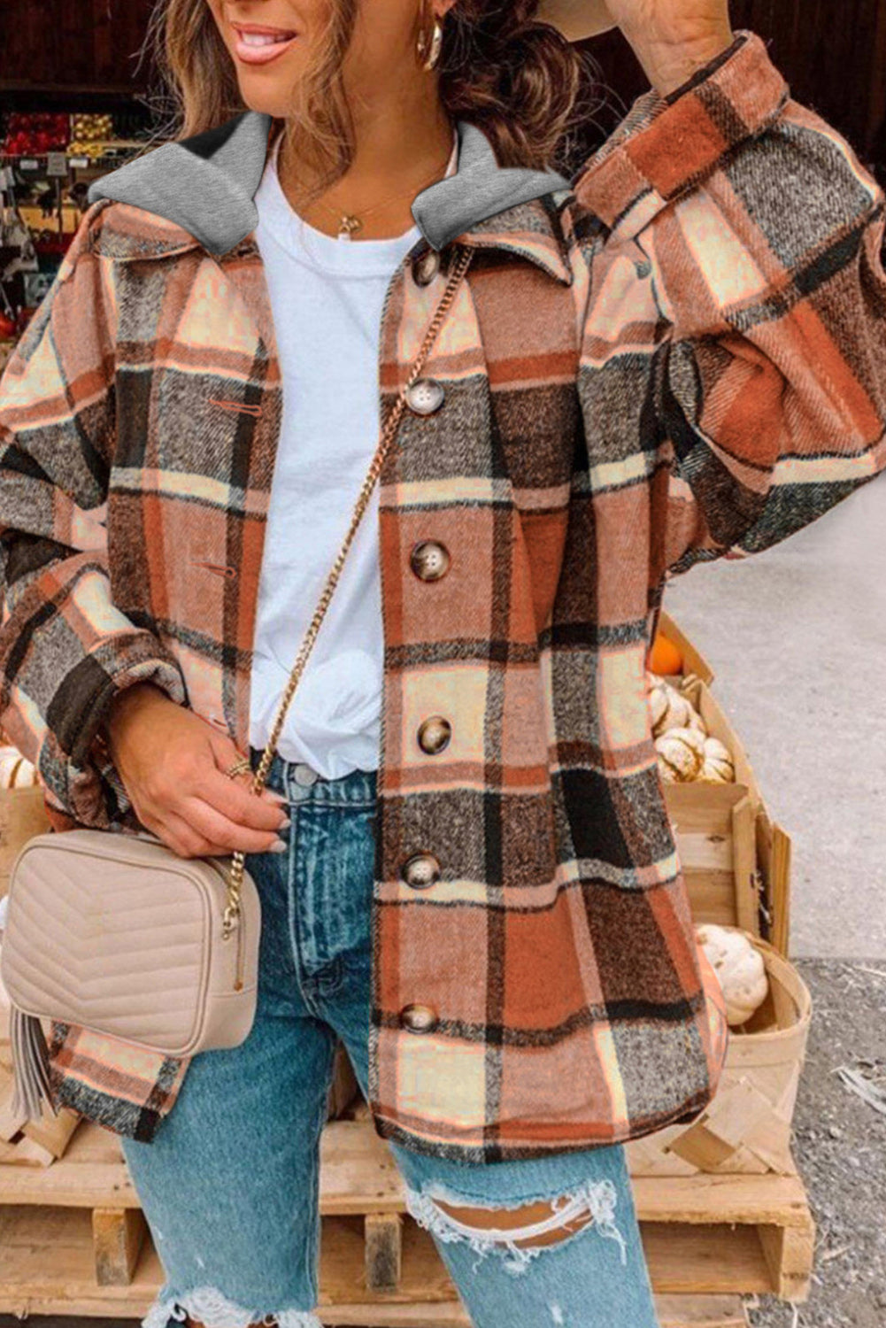 Green Hooded Plaid Button Front Shacket