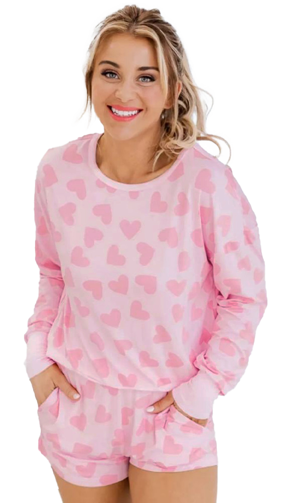 Valentine Heart Print Long Sleeve Top Shorts Lounge Set