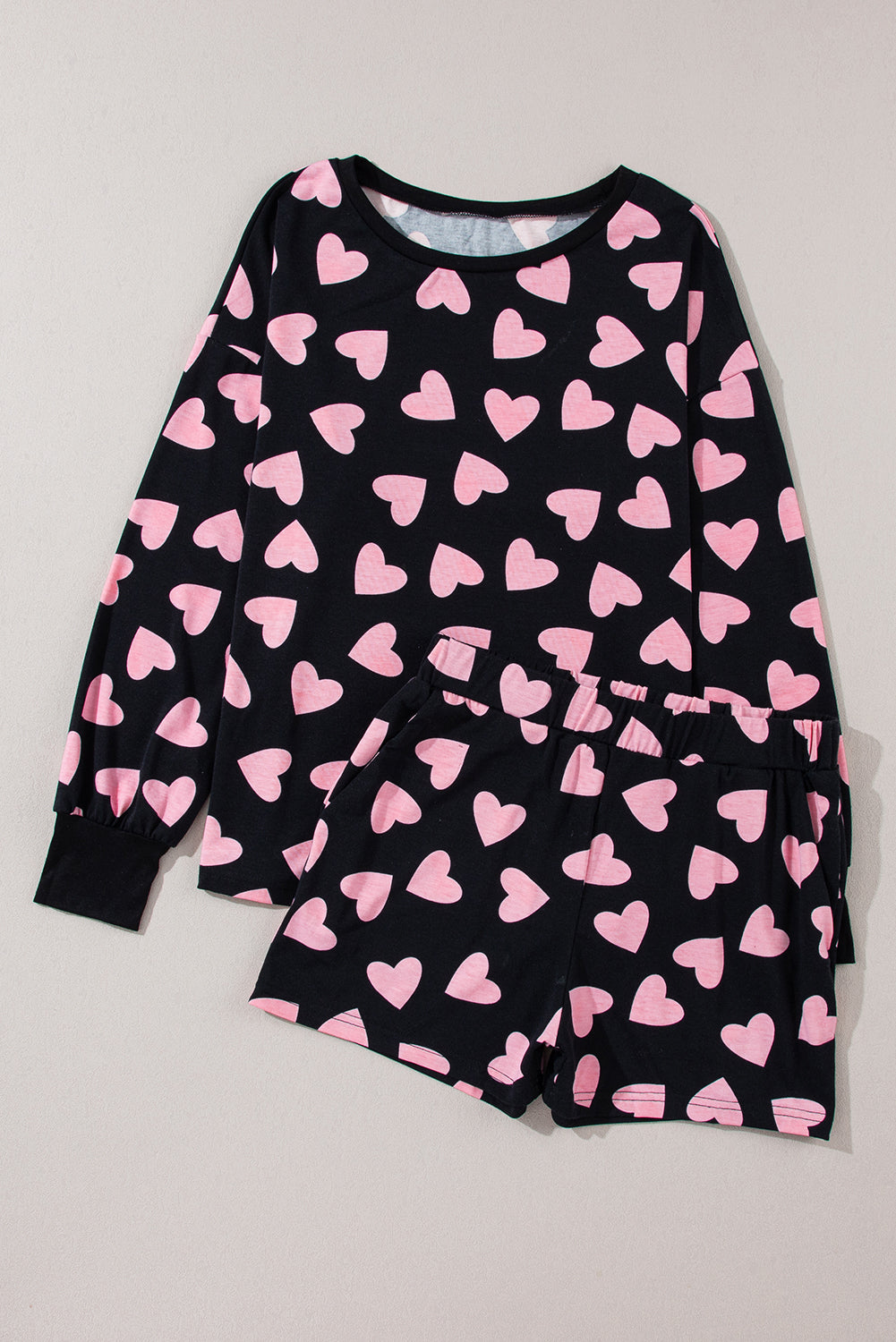 Valentine Heart Print Long Sleeve Top Shorts Lounge Set