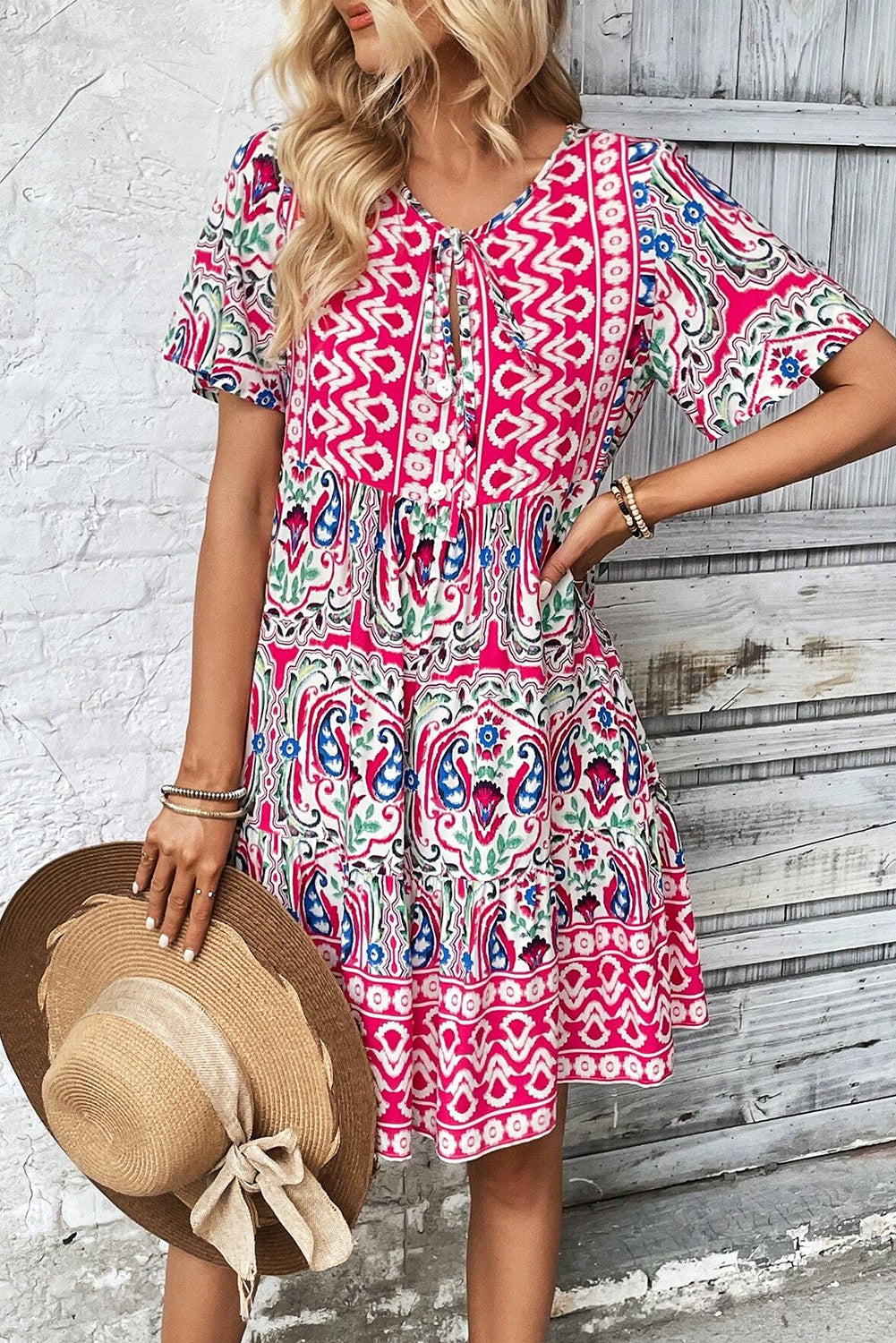 Orange Bohemian Print Tie Neck Ruffle Hem Short Dress