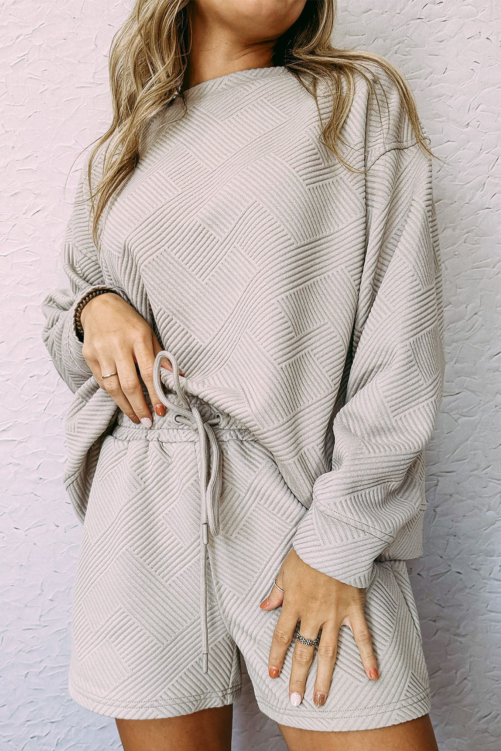 Gray 2pcs Solid Textured Drawstring Shorts Set