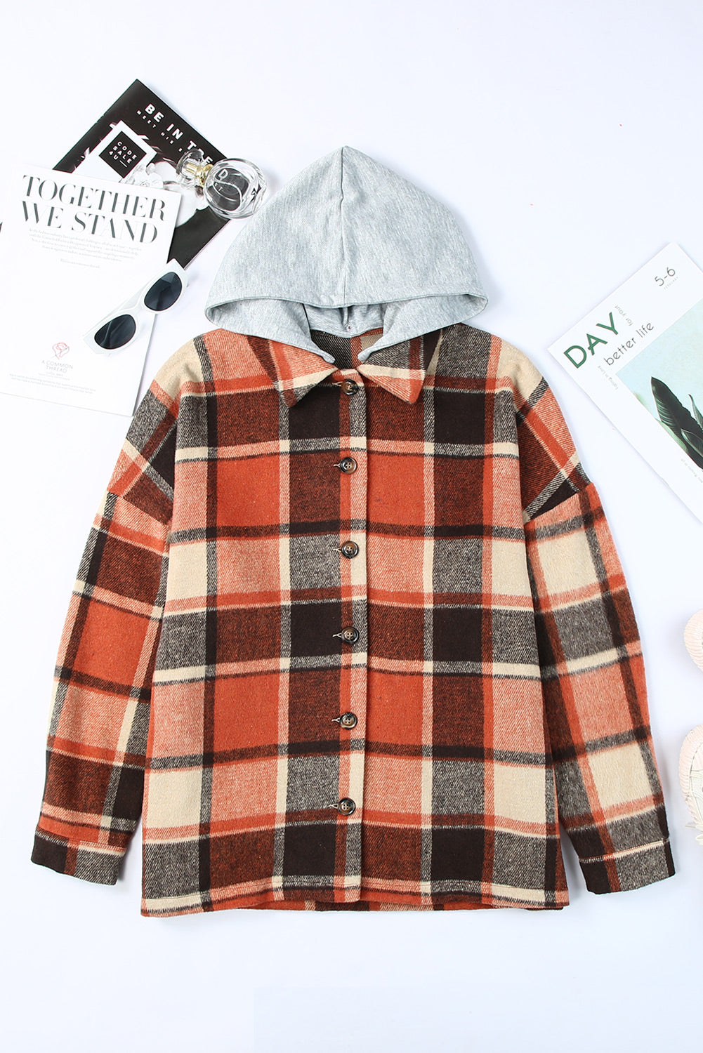 Green Hooded Plaid Button Front Shacket