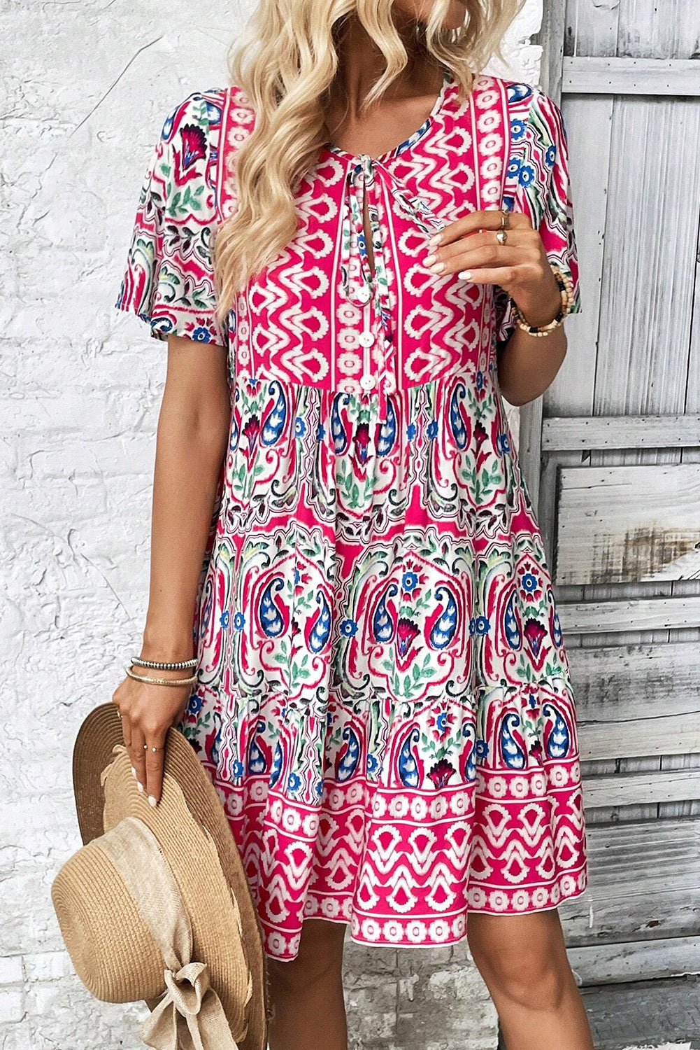 Orange Bohemian Print Tie Neck Ruffle Hem Short Dress