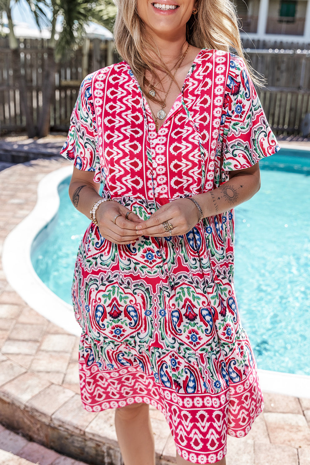 Orange Bohemian Print Tie Neck Ruffle Hem Short Dress