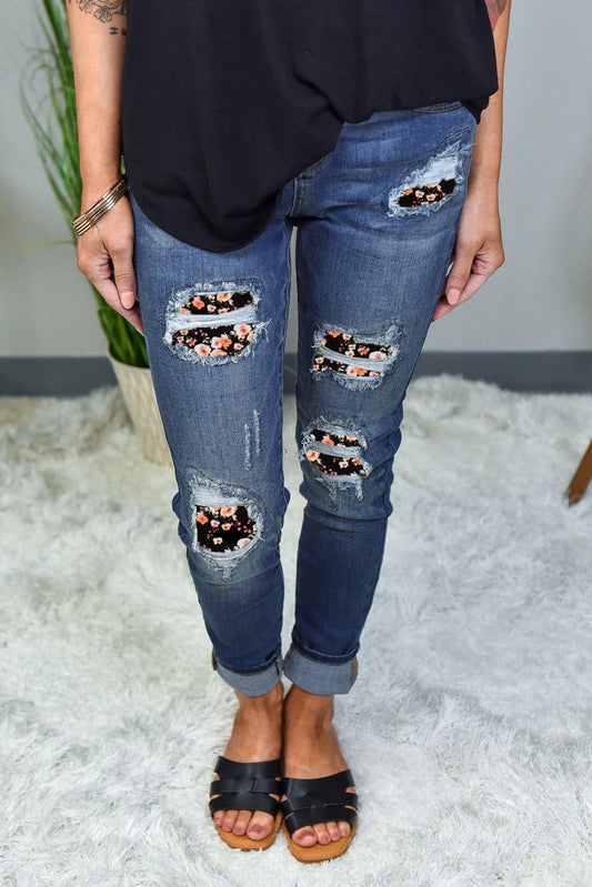 Blue Floral Patch Destroyed Skinny Jeans