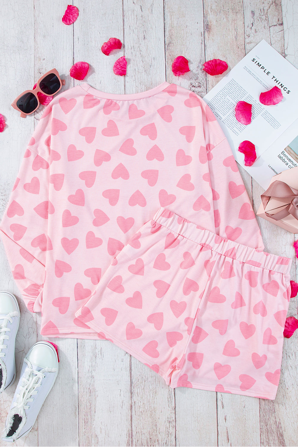 Valentine Heart Print Long Sleeve Top Shorts Lounge Set