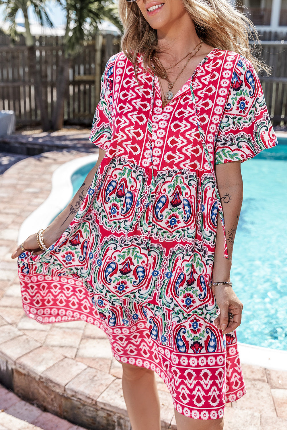 Orange Bohemian Print Tie Neck Ruffle Hem Short Dress