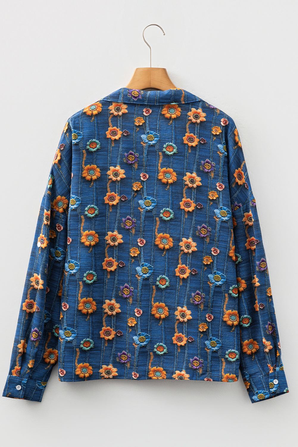 Blue Floral Collared V Neck Roll up Sleeve Shift Blouse