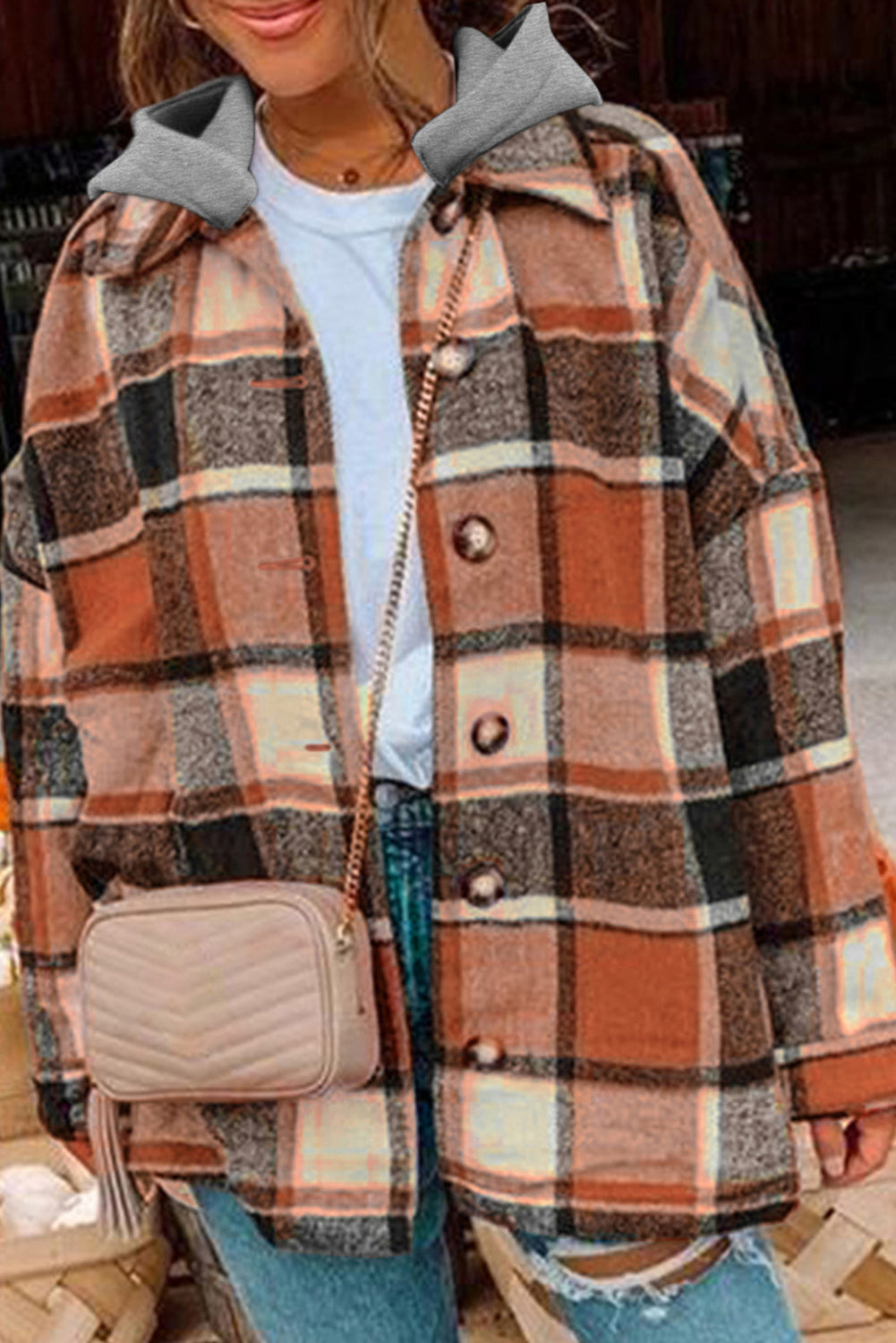 Green Hooded Plaid Button Front Shacket