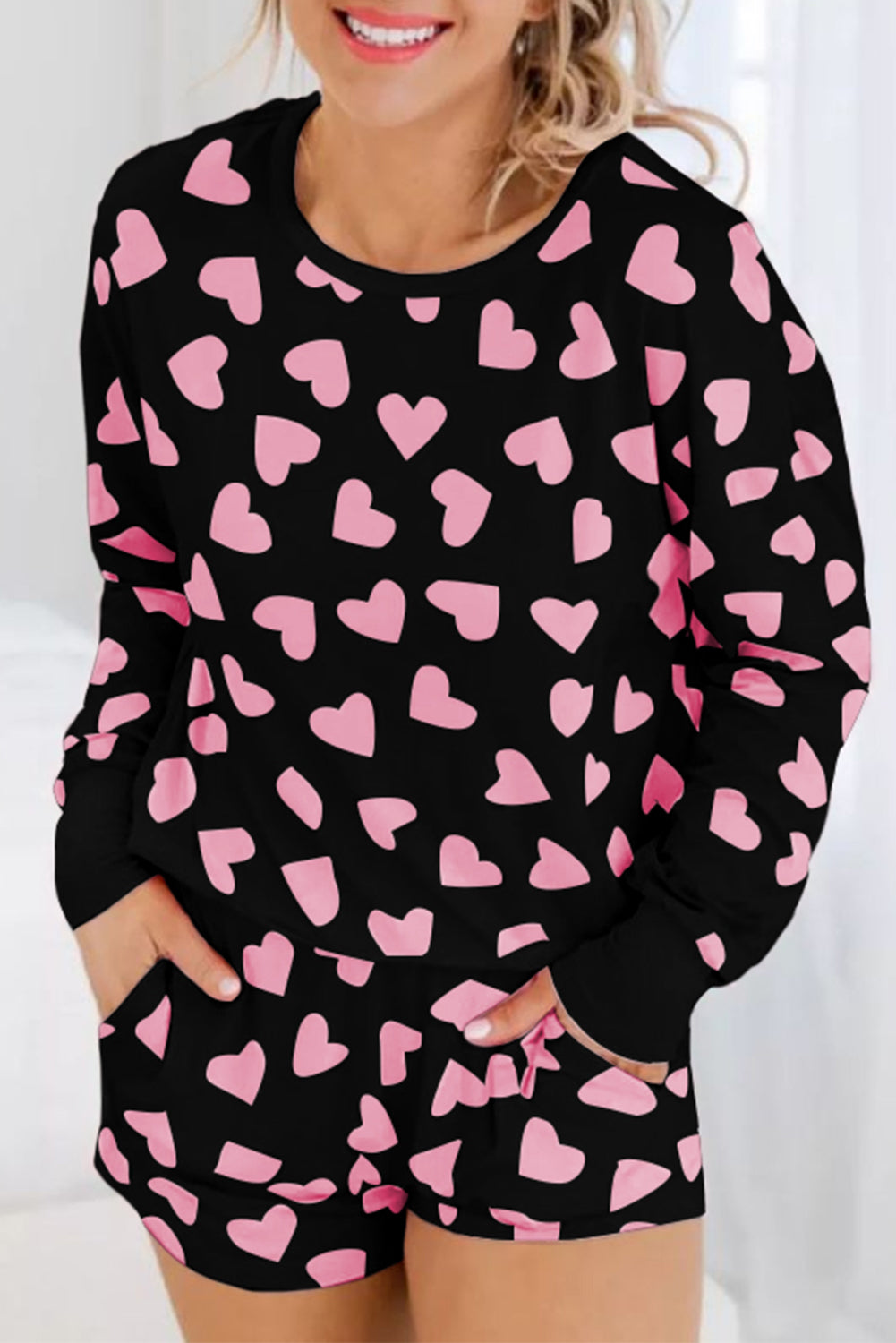 Valentine Heart Print Long Sleeve Top Shorts Lounge Set