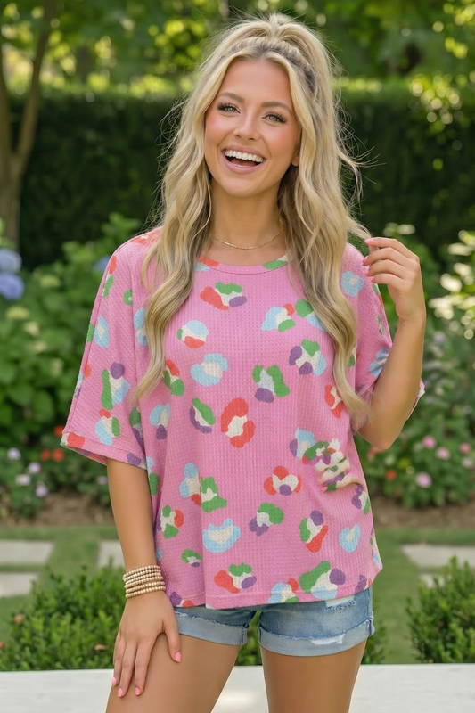 Colorful Leopard Print Waffle Knit Top in Pink