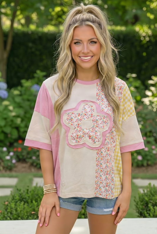 Patchwork Flower Oversized Tee in Pink and Yellow