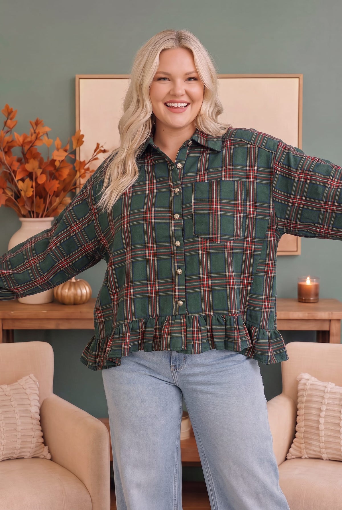 Ruffle the Rules Plaid Flannel Top in Green