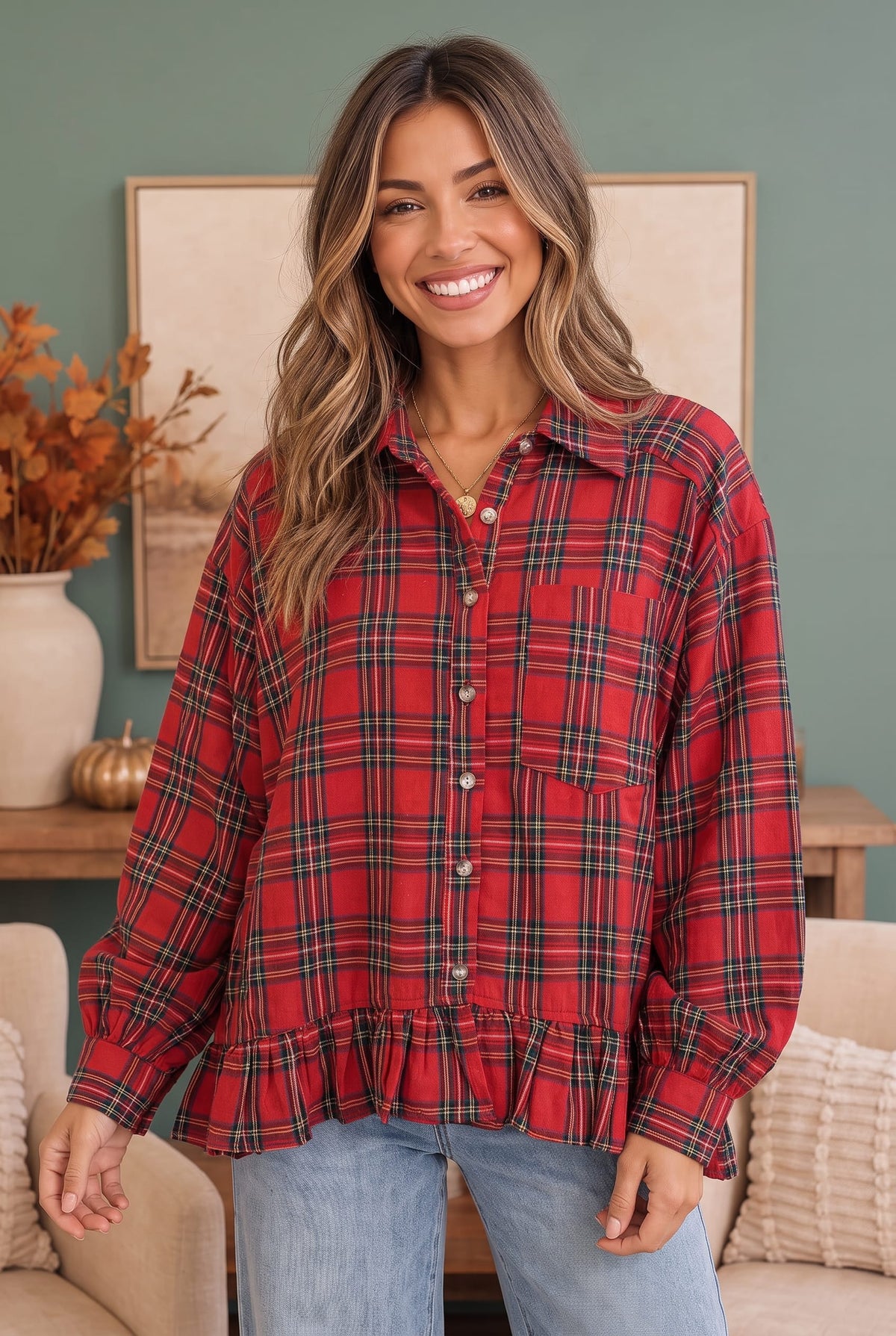Ruffle the Rules Plaid Flannel Top in Red