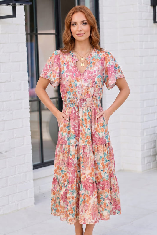 Paint and Sip Floral Tiered Midi Dress